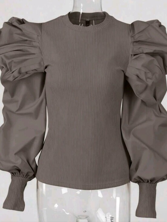 Tops - Beige Puff-Sleeve Ribbed Knit Sweatshirt